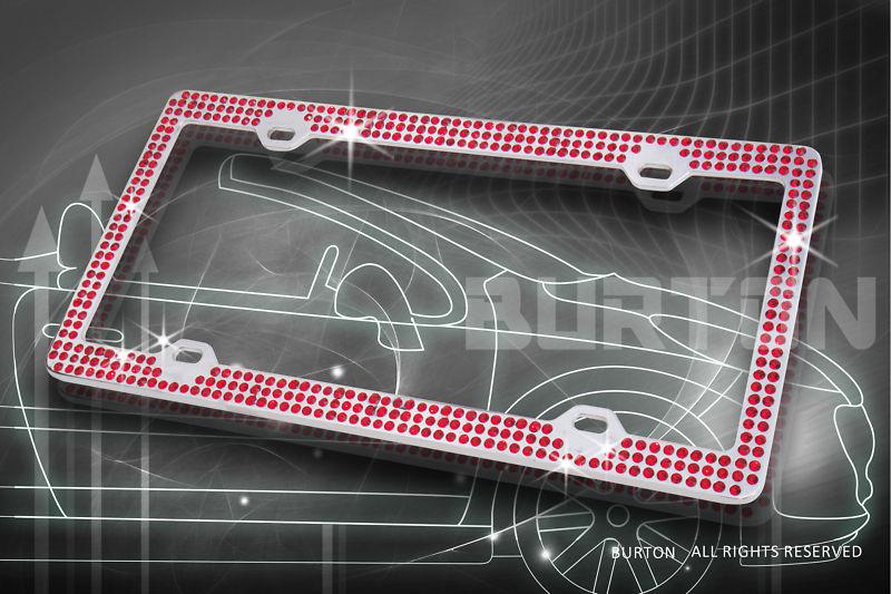 Bling triple rows red real crystal embedded chrome license plate frame+free caps