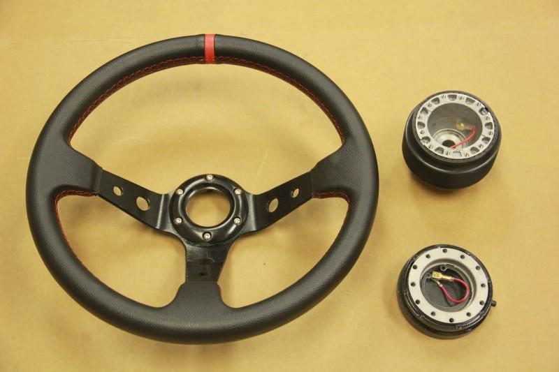 Black/red deep dish steering wheel+ hub adapter+quick release miata rx7 na nb fc