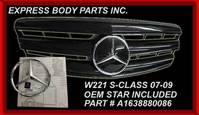 07-09 w221 s550 new backing all black grille w/chrome star s-class mercedes hood