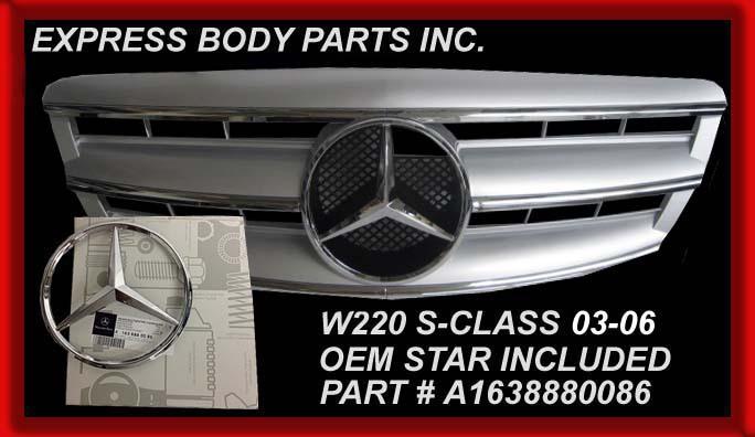 03-06 w220 grille silver grill s-class s430 s500 s600 s55 w/star mercedes hood