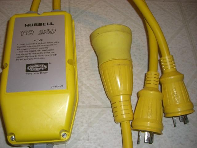 Hubbell y-q 230 adapter 50a 125/250v to 2-30a 125v