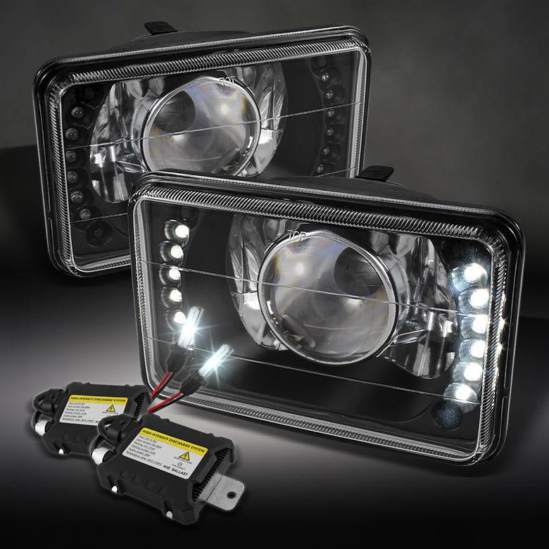 Black 4" x 6" projector headlights w/super bright led+6000k slim ballast hid kit