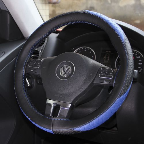 Black w thread needle steering wheel wrap pvc leather blue pattern sz m 4712_01