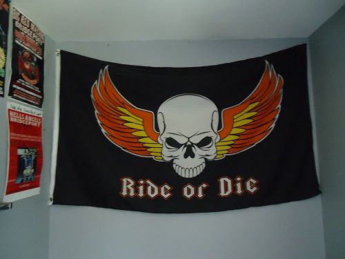 Ride or die skull wings biker flag