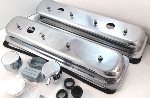 Aluminum sbc sb chevy center bolt valve covers w/ breather &amp; pcv 87-99 305 350