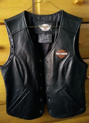 Women’s hd black leather snap vest 98150-06 bar shield size large.