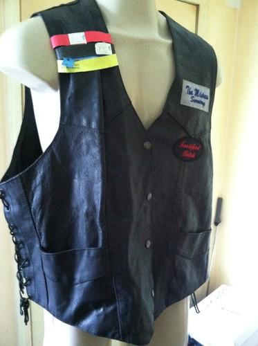 Womans leather biker vest with nashville patches, collectable, size 54