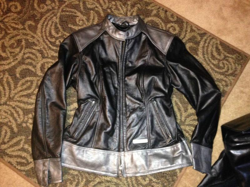 Womens large black & silver leather harley davison jacket fitted lined new w/o t