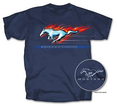 T-shirt: mustang flaming horse logo horsepower blue - you get free usa shipping!