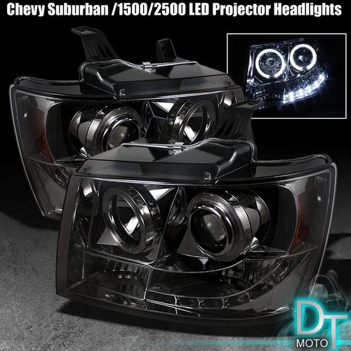 Smoked 07-13 suburban avalanche tahoe halo projector headlights +drl led lights