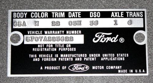 1965 mustang falcon data plate stamped with your information w/ rivets included