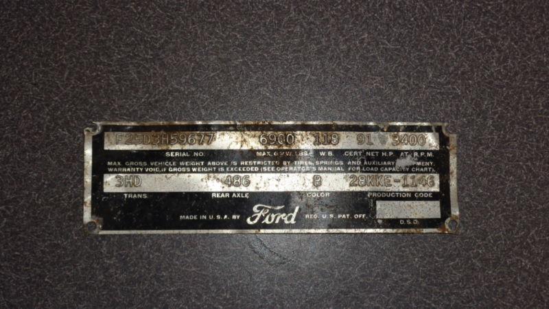 Vintage body id ientification tag badge plate 1953 ford f-250 3/4 ton truck