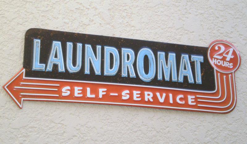 Large laundromat self-service embossed die-cut tin sign garage man cave shop