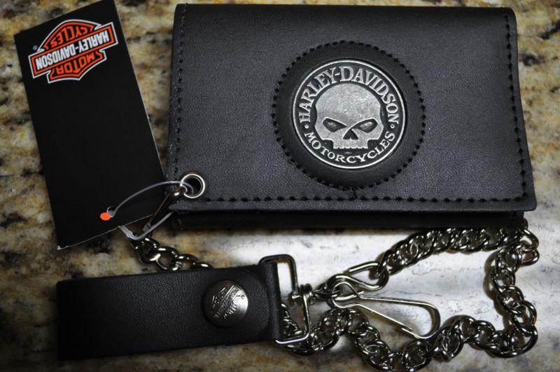 Harley-davidson willie g. skull emblem tri-fold leather wallet, w/chain, madeusa