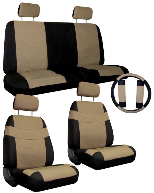 Tan black car seat covers set w/ steering wheel cover & belt shoulder pads #3