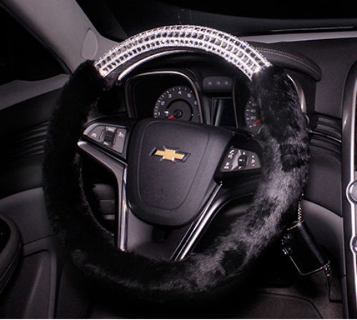 Bling bling lady auto car steering wheel cover with rhinestone+black wool