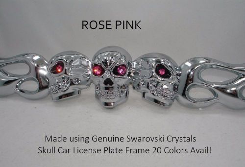 Gorgeous skulls car license plate frame w rose pink swarovski crystal eye bling
