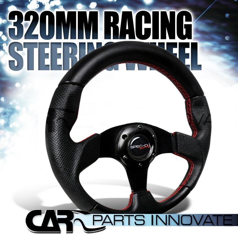320mm racing steering wheel blk leather w/red stitch