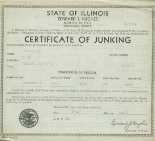 Rare 1928 oldsmobile coach original state issued junking certificate 35168