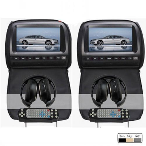 New gray 2x 9&#034; hd car cd dvd monitor player headrest pillow+cover + ir headphone