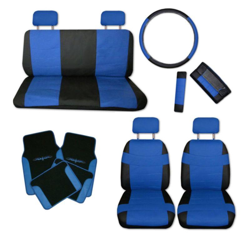 Superior faux leather blue blk car seat covers set w/ blue tattoo floor mats #a