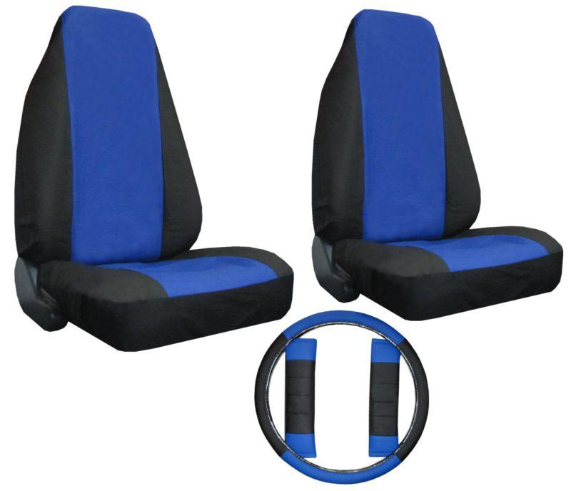 Faux leather car truck suv blue black 2 high back bucket seat covers w/extras #z