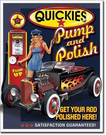 New vintage style quickies pump and polish tin metal sign ford rod polished 