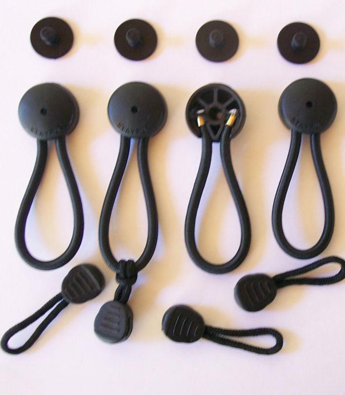 4 black boat cover bungee shock cord clips with pull cords. "stay-put" tie down 