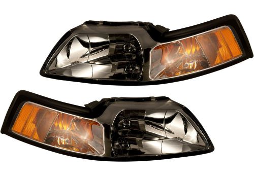 1999-2004 ford mustang gt v6 cobra chrome headlight assembly w/ bulbs &amp; brackets