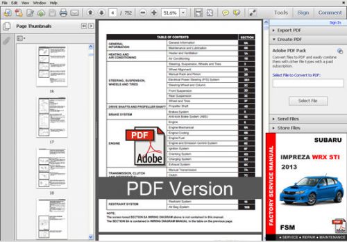 Subaru impreza wrx &amp; sti 2013 factory service repair workshop maintenance manual