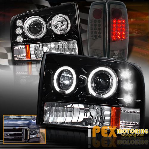 99-04 ford f250 f350 super-duty projector shiny black headlights +led tail light