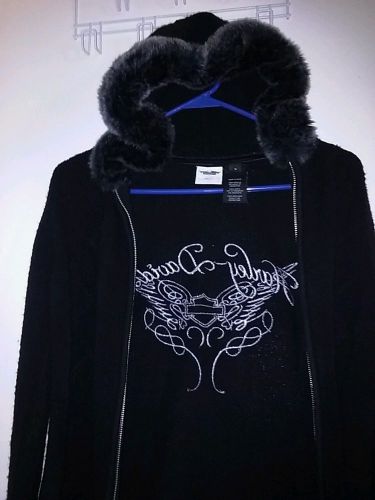 Womens harley davidson black zip-up sweater w fur hoodie. rare. size small