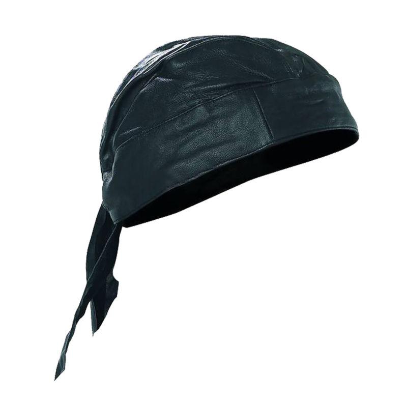 Black genuine leather skull cap doo rag bandana biker head wrap lined- new