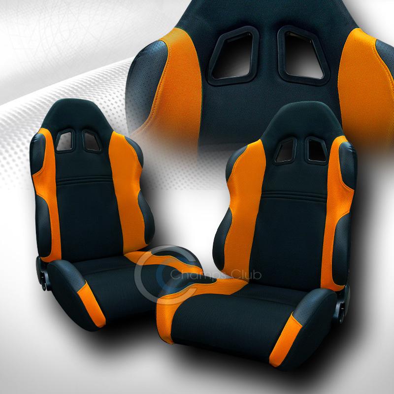 Universal jdm-ts black/orange cloth car racing bucket seats+sliders pair subaru