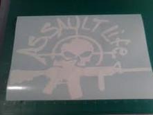 Assault life decal 8"x 5.5" white skull gun vinyl window graphics sticker
