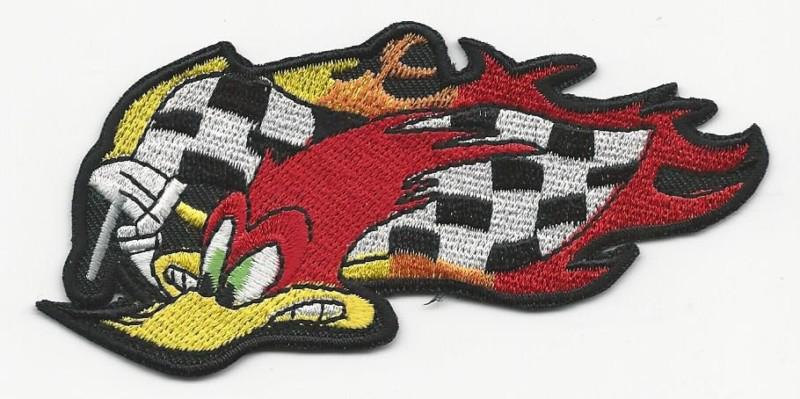 Woodpecker with flag flames racing patch 4 inches long size new 