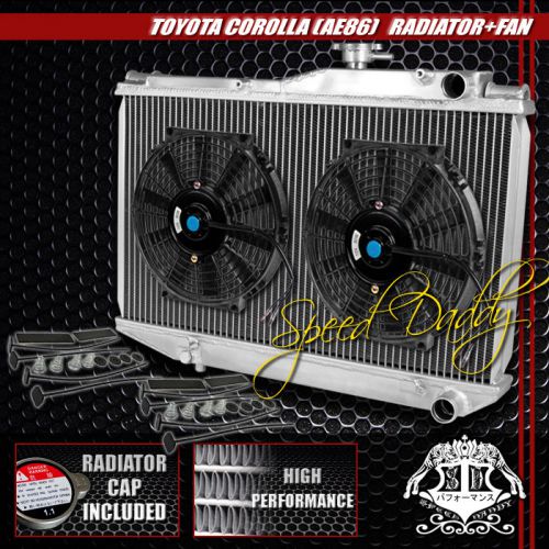 2-row aluminum racing radiator+2 x 10&#034; black fan 83-87 toyota corolla ae86 4age