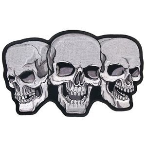 3 three skulls laughing embroidered biker jacket vest patch 10&#034; x 6&#034; black white