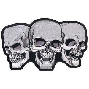 3 three skulls laughing embroidered biker jacket vest patch 10" x 6" black white
