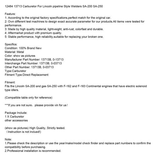 12484 13713 Carburetor For Lincoln pipeline Style Welders SA-200 SA-250 T7, US $232.84, image 13