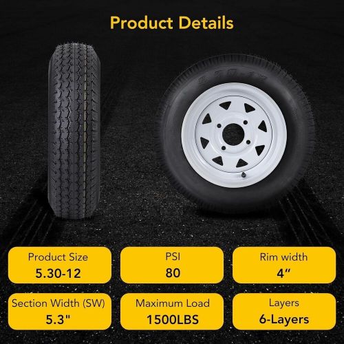 Set of 2 Trailer Tires with 12" Rim 6PR 5.3-12 5.30x12 530-12 5.3-12 4 Lug on 4", US $111.99, image 3