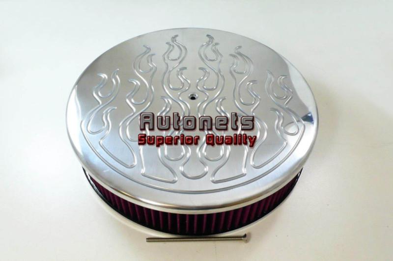 14" round flamed polished aluminum air cleaner washable element filter hot rod