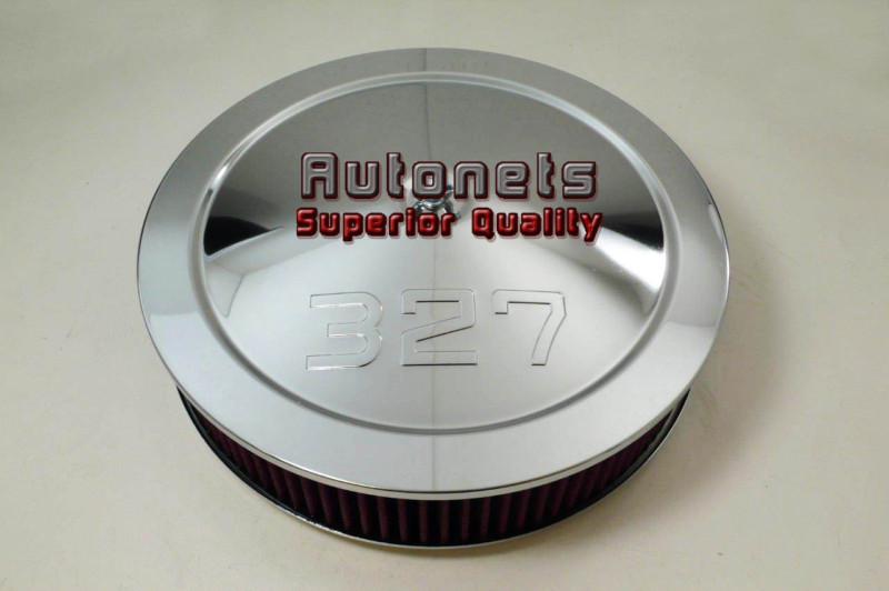 14" chevy 327 logo chrome steel air cleaner holley flat base washable filter
