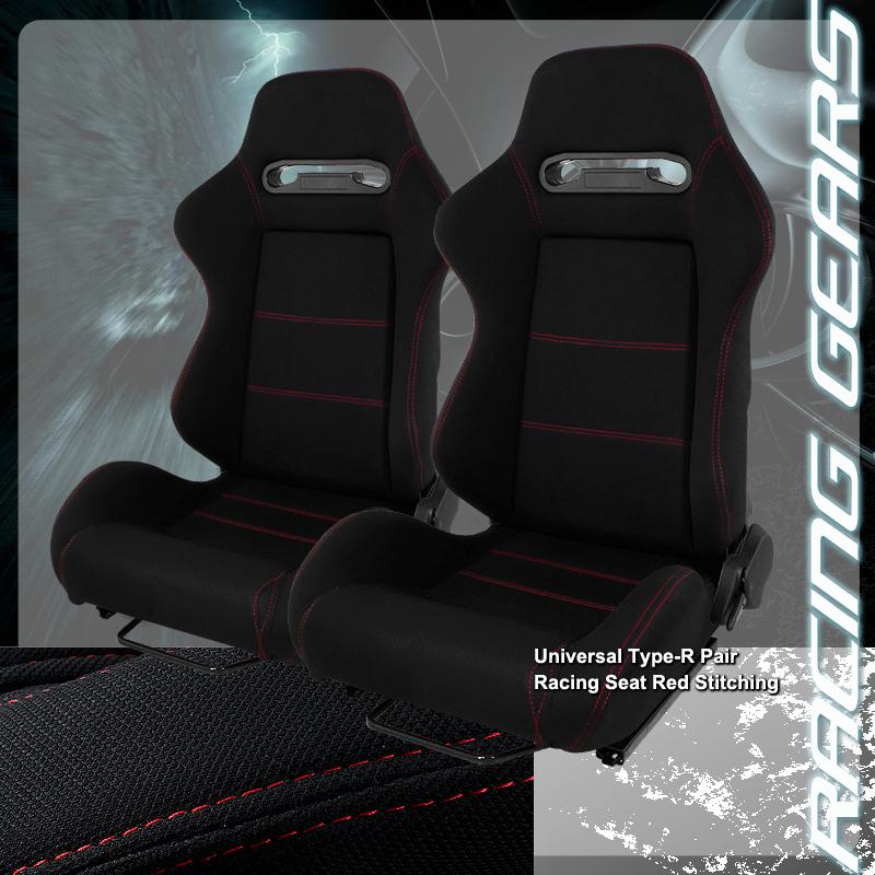 2x universal black jdm reclinable racing seats red stitching + slider left+right
