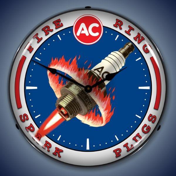 Ac fire ring spark plugs 14" backlit lighted wall clock sign art  hot rod new