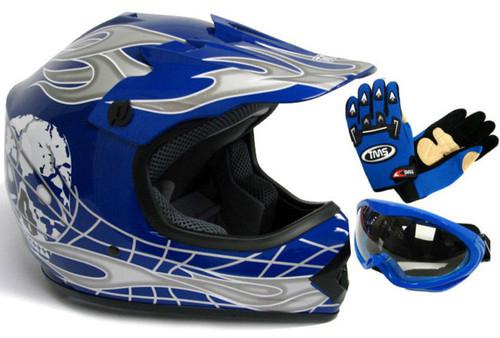 Youth blue/silver skull dirt bike motocross helmet mx+goggles+gloves~s,m,l