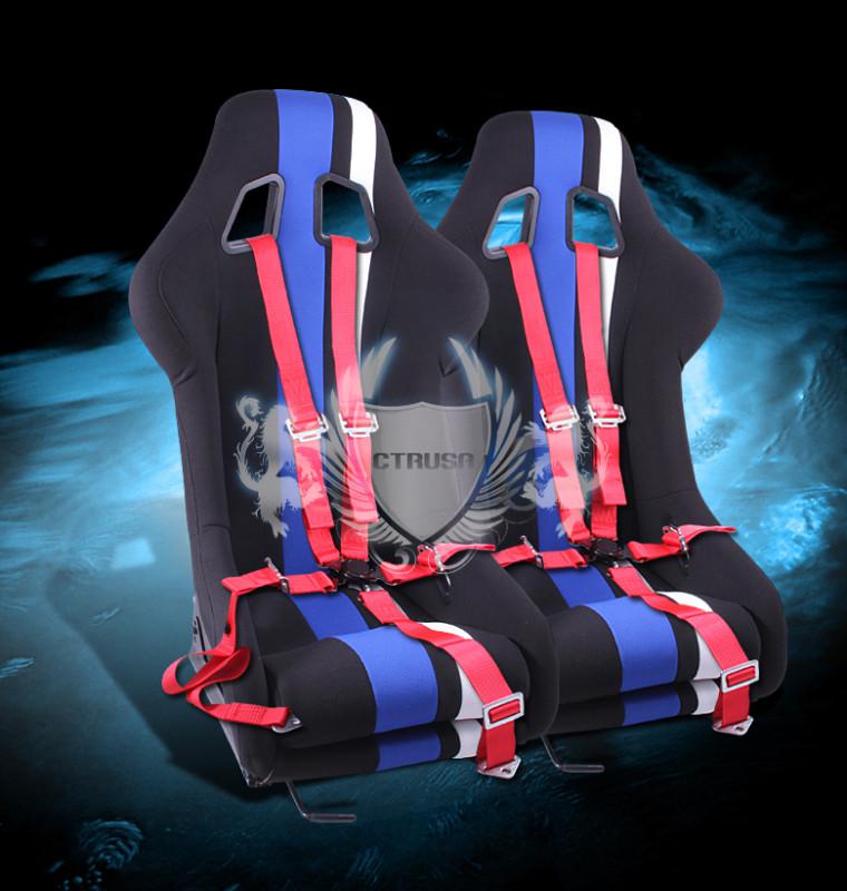 2x black/blue white stripe fabric racing bucket seats+5pt red camlock strap pair