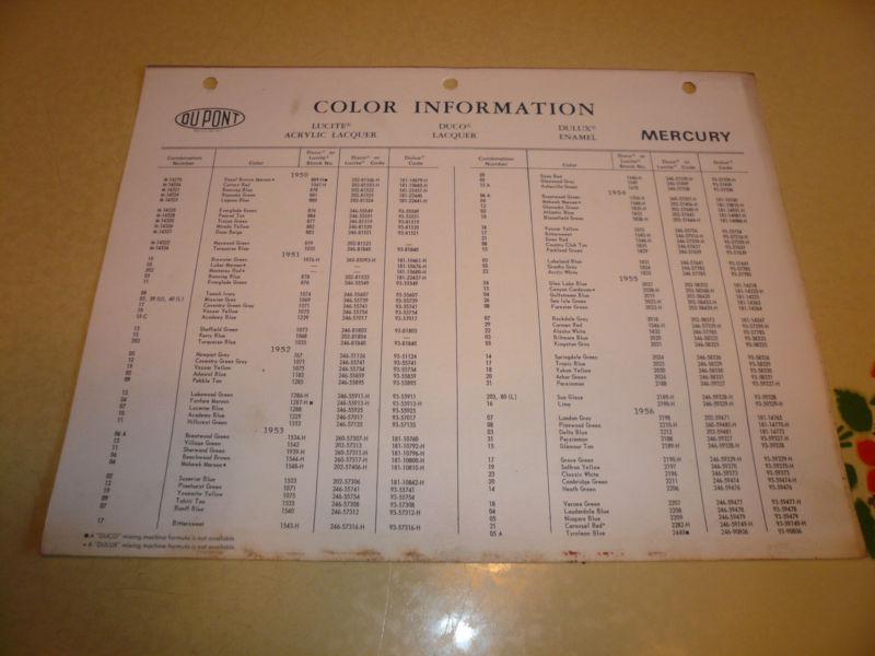 1950 - 1960 mercury dupont duco delux color information chart - vintage