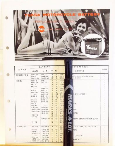 Vintage motorcycle &#039;69 yuasa battery replacement data heavy card stock sheet 1pg