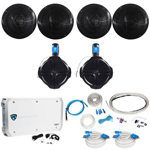 4 rockville rmc80b 8&#034; 1600w marine boat speakers+8&#034; wakeboards+6-ch amp+wire kit